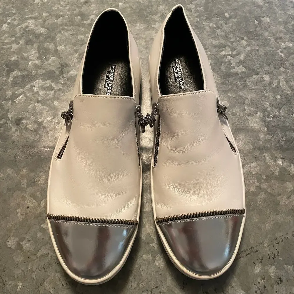 Michael Kors Grayson Slip On Leather Sneakers Shoes 8.5 White Metallic Gray Zip